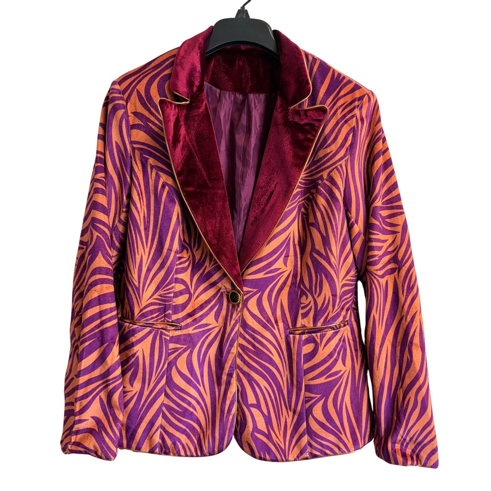 Womens Zebra Print Blazer Size L Purple Orange Velvet Lapel Gold Piping Jacket